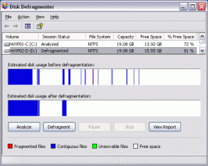 FIG. C: The Windows XP Disk Defragmenter shows the fragmentation of a drive before and after defragmentation.