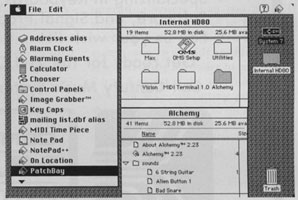 FIG. 1: On the redesigned System 7.0 desktop, you can place any document application, or alias—a duplicate icon that represents a file—in the Apple menu (left). When you view files by name (lower right window), you can open folders and see within them.